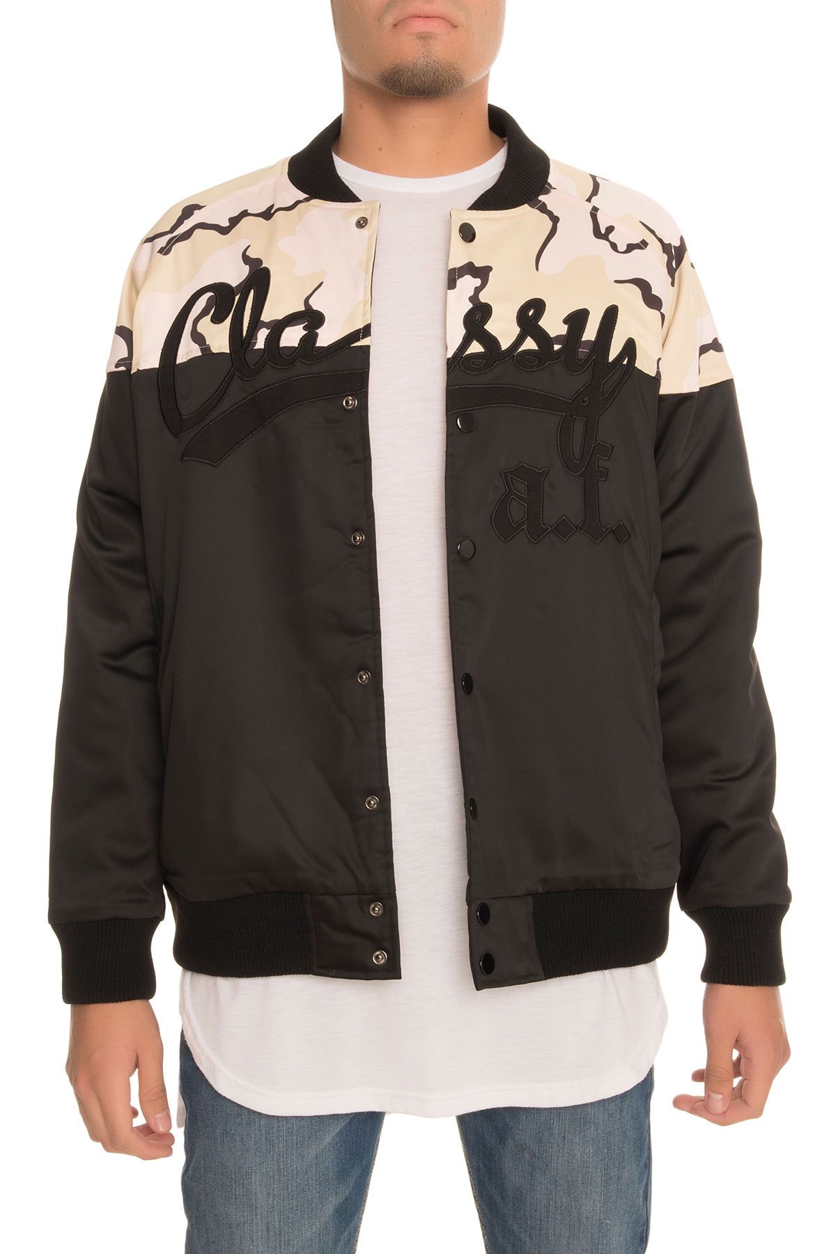 THE CLASSY A.F. SATIN BASEBALL JACKET IN BLACK AND CAMO BLACK & CAMO