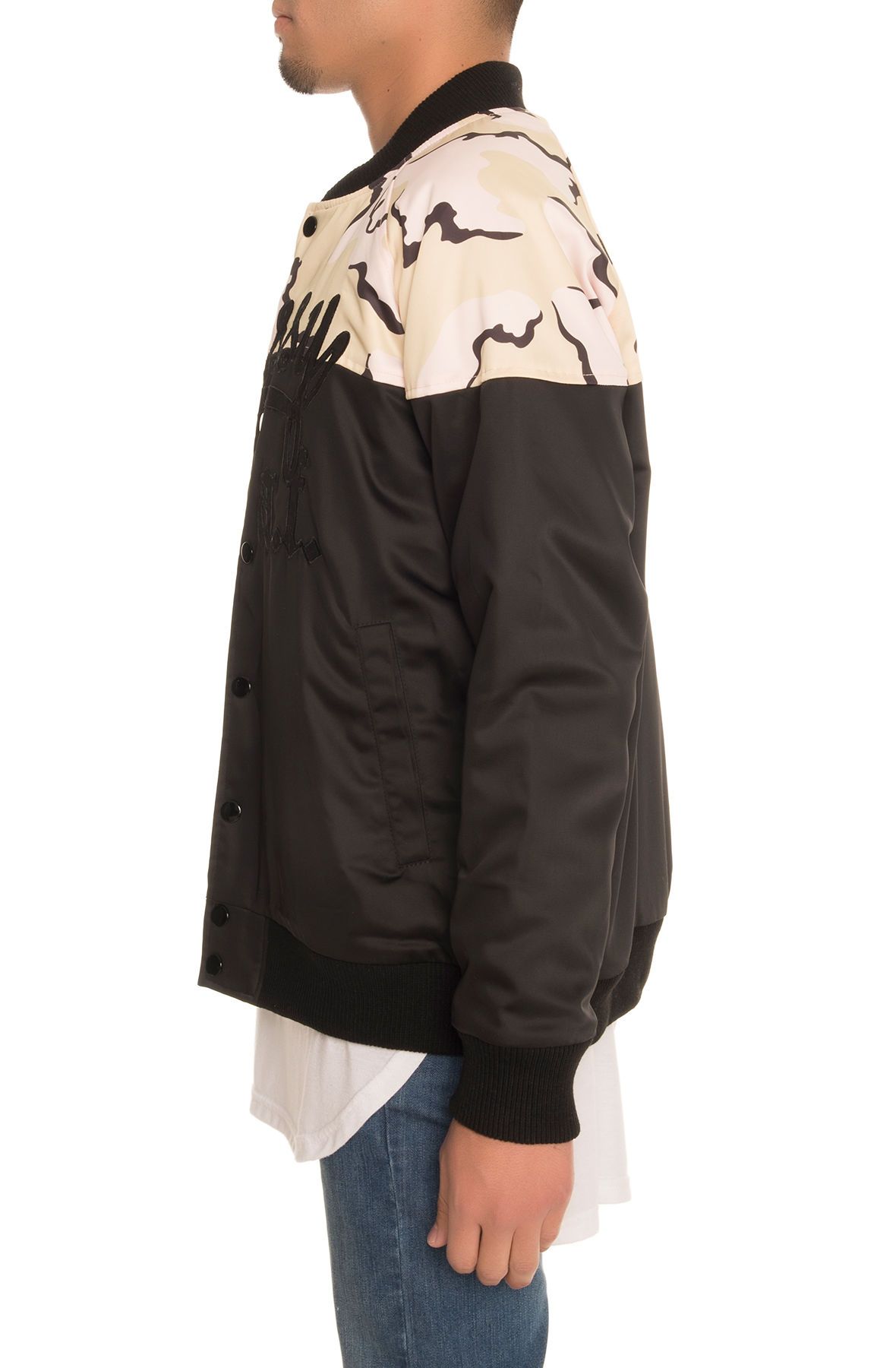 THE CLASSY A.F. SATIN BASEBALL JACKET IN BLACK AND CAMO BLACK & CAMO