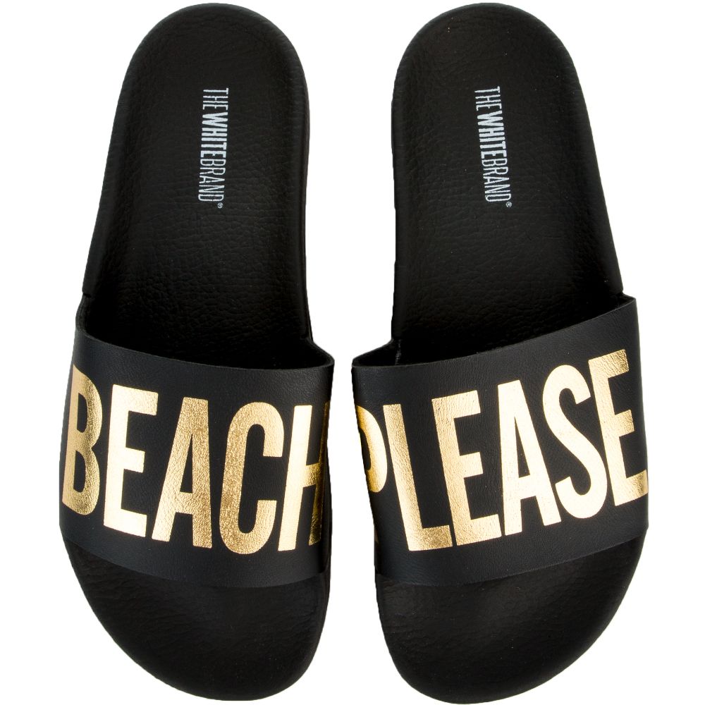 THE BEACH PLEASE SLIDES IN BLACK AND GOLD