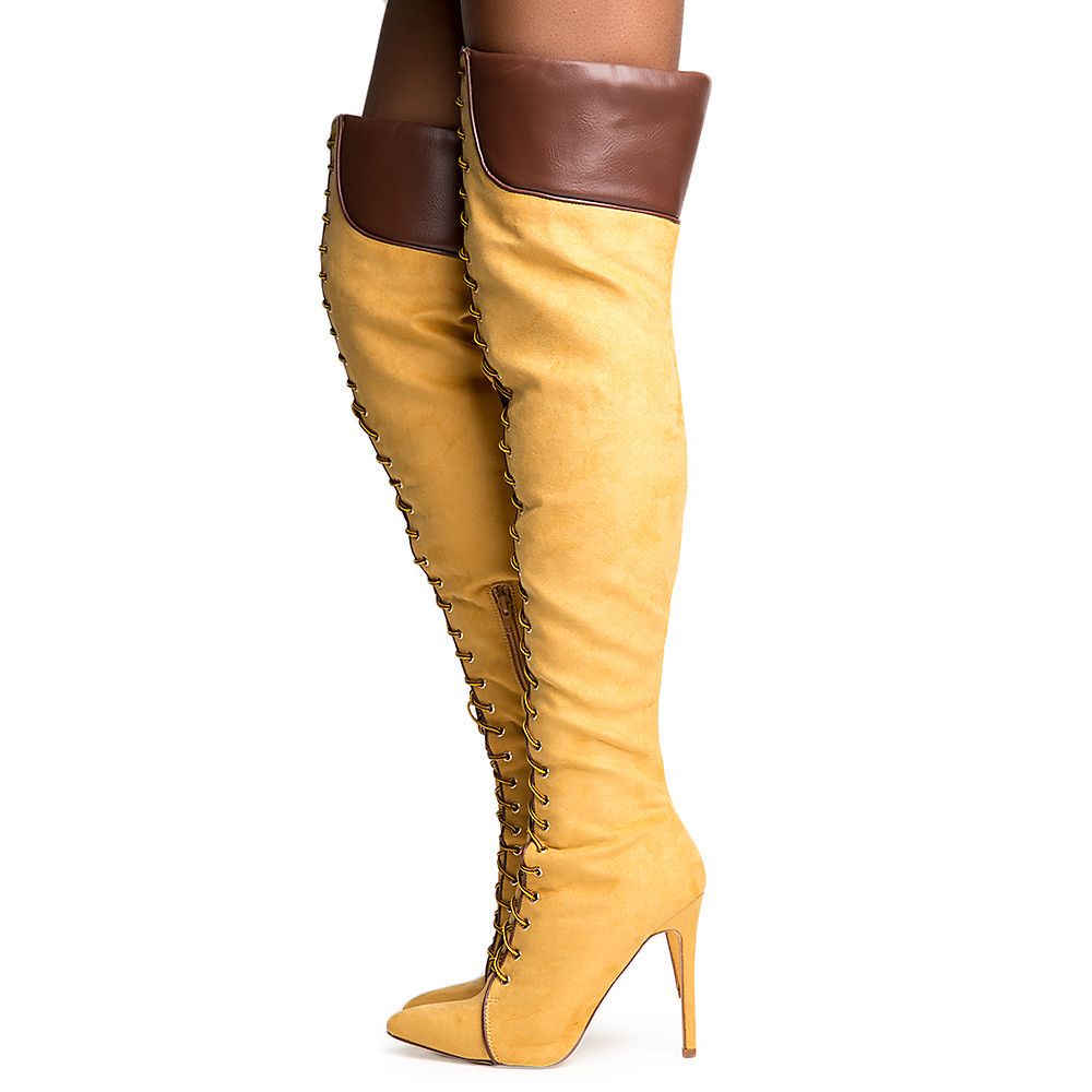 Million Lace Up Thigh High Boots Camel