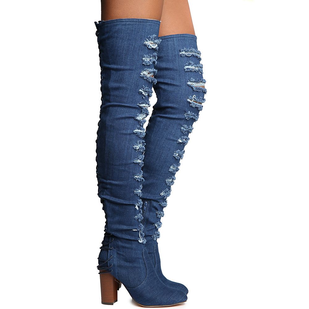 Addison-1 Thigh High Lace-Up Boot Denim
