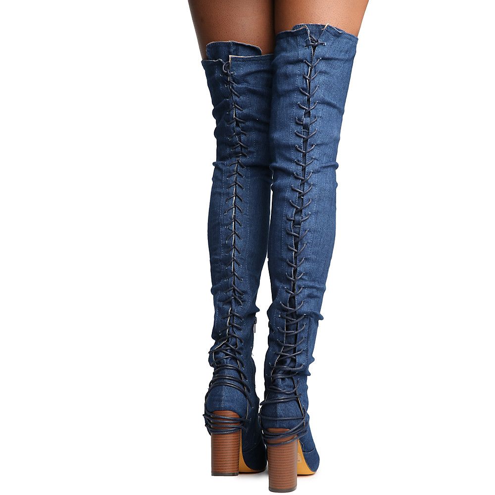 Addison-1 Thigh High Lace-Up Boot Denim 4 Addison-1 Thigh High Lace-Up Boot Denim